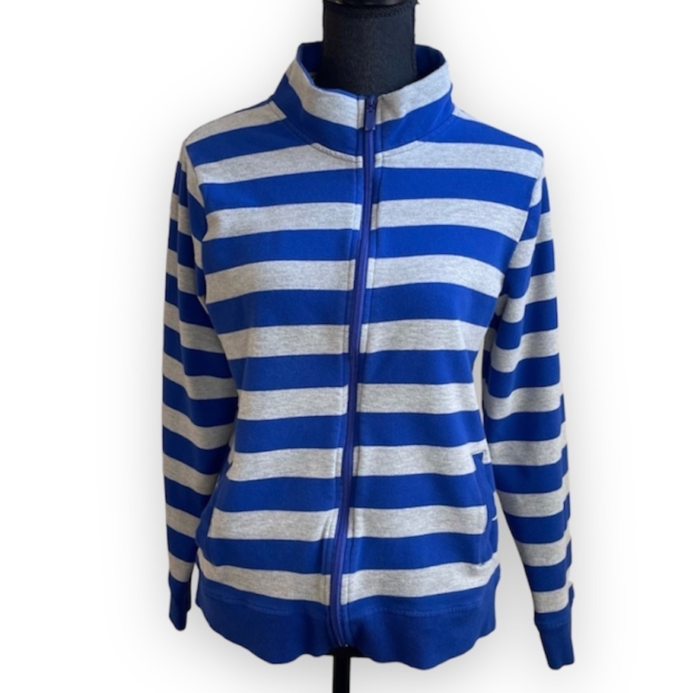 Gloria Vanderbilt sport gray and blue striped athleisure zip up sweatshirt